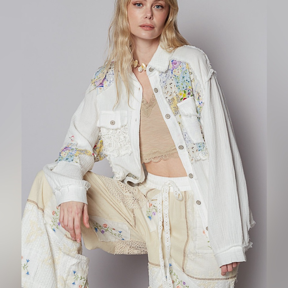 POL White Embroidered Button-Down Shirt Jacket with Pastel Floral Accents